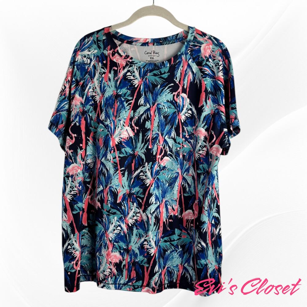 Coral Bay Energy Women's Colorful Print Blue Pink Flamingos Top SZ P XL
